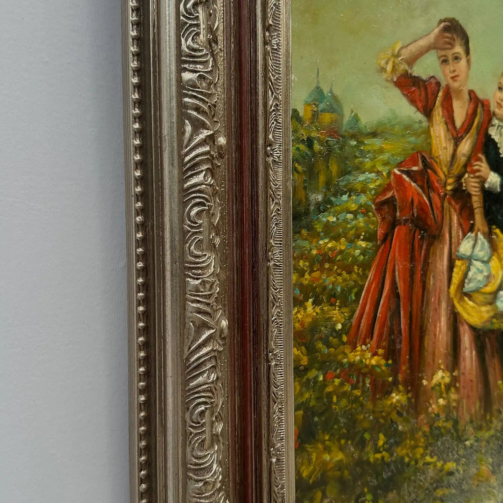 Ladies in the Meadow | Vintage Figure Oil Painting | Ornate Frame | 18.9×22.8in - Vintage Oil Painting - Arden Gallery