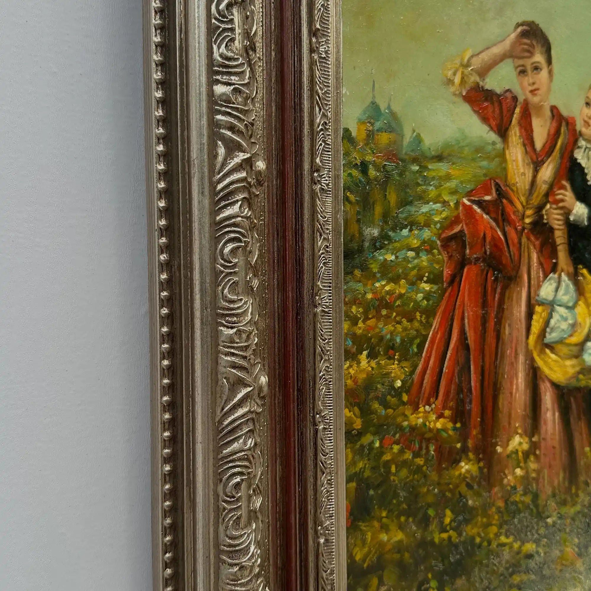 Ladies in the Meadow | Vintage Figure Oil Painting | Ornate Frame | 18.9×22.8in - Vintage Oil Painting - Arden Gallery