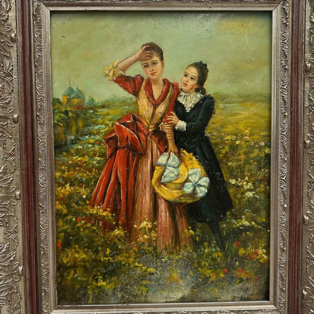 Ladies in the Meadow | Vintage Figure Oil Painting | Ornate Frame | 18.9×22.8in - Vintage Oil Painting - Arden Gallery
