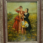 Ladies in the Meadow | Vintage Figure Oil Painting | Ornate Frame | 18.9×22.8in - Vintage Oil Painting - Arden Gallery