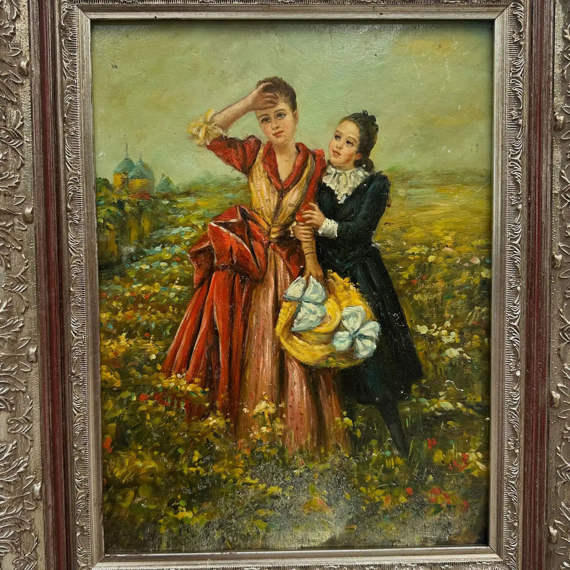 Ladies in the Meadow | Vintage Figure Oil Painting | Ornate Frame | 18.9×22.8in - Vintage Oil Painting - Arden Gallery