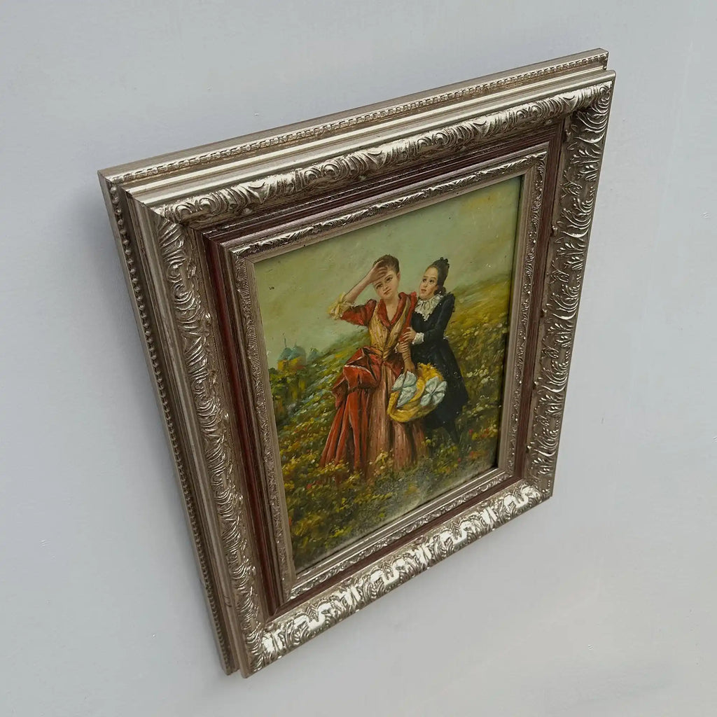 Ladies in the Meadow | Vintage Figure Oil Painting | Ornate Frame | 18.9×22.8in - Vintage Oil Painting - Arden Gallery