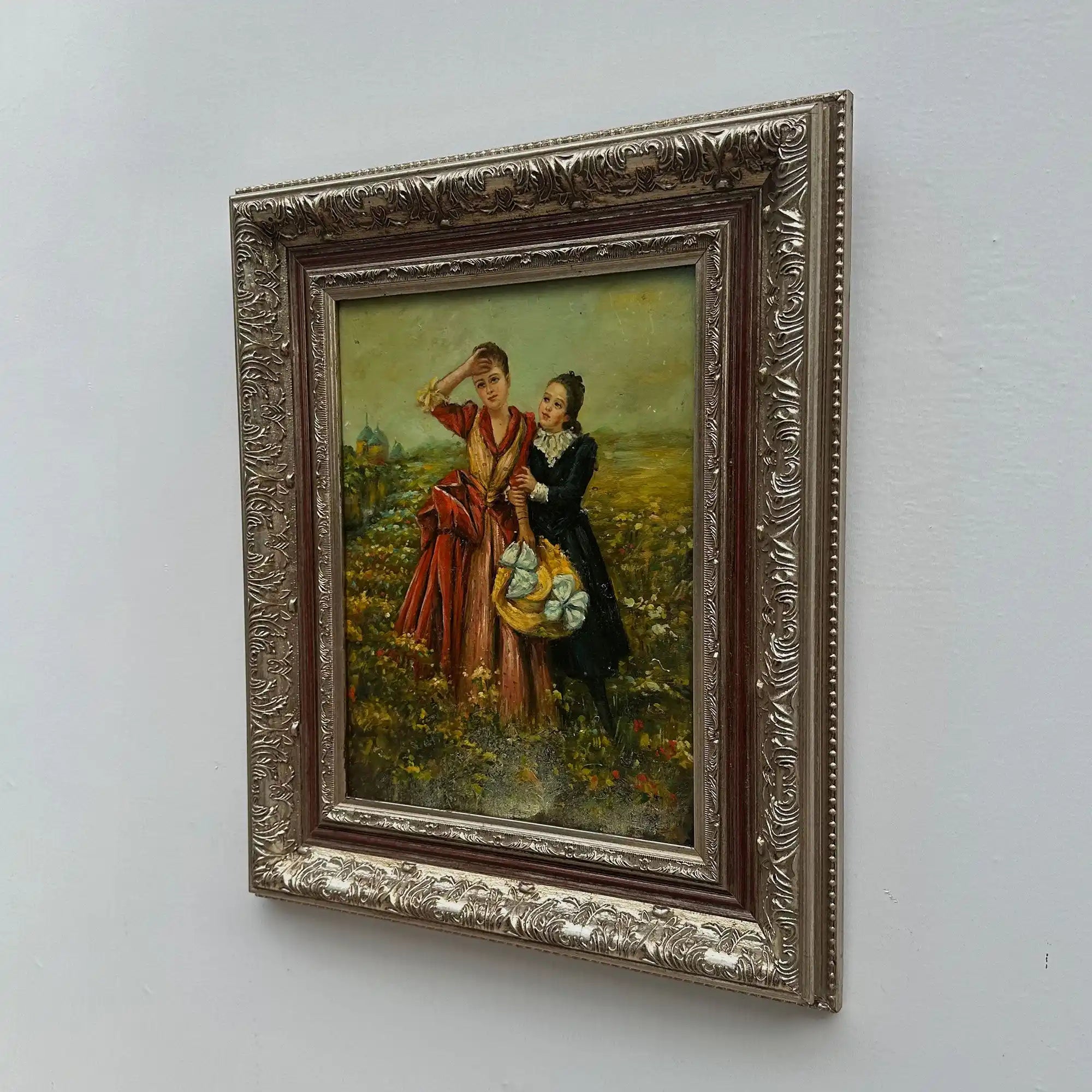 Ladies in the Meadow | Vintage Figure Oil Painting | Ornate Frame | 18.9×22.8in - Vintage Oil Painting - Arden Gallery