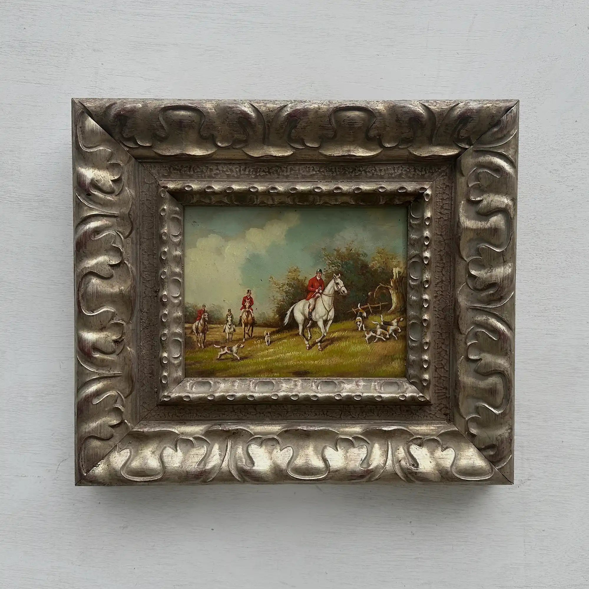Old World Hunting Oil Painting, Rustic Framed Countryside Wall Art 44.5x39.5cm - Vintage Oil Painting - Arden Gallery