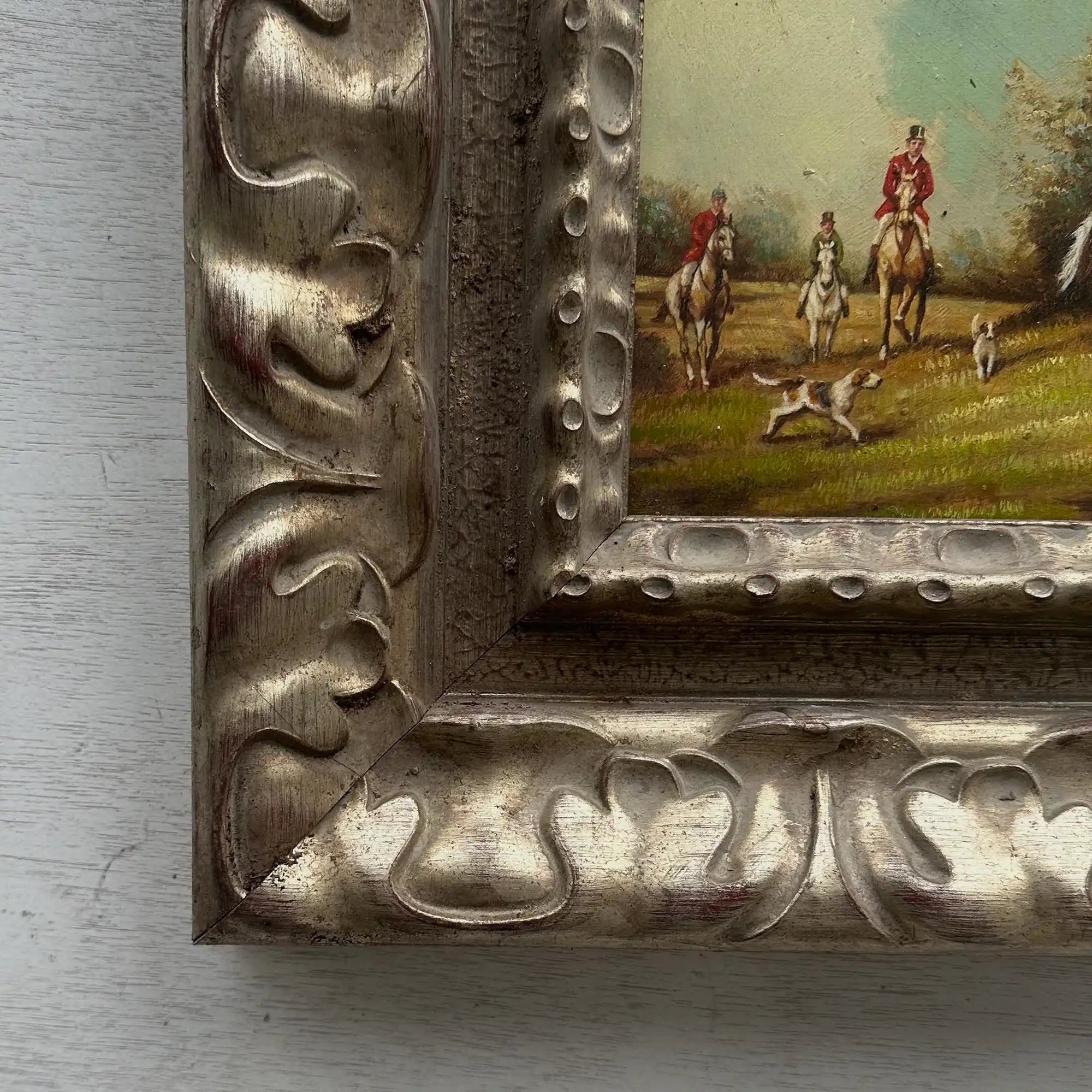 Old World Hunting Oil Painting, Rustic Framed Countryside Wall Art 44.5x39.5cm - Vintage Oil Painting - Arden Gallery