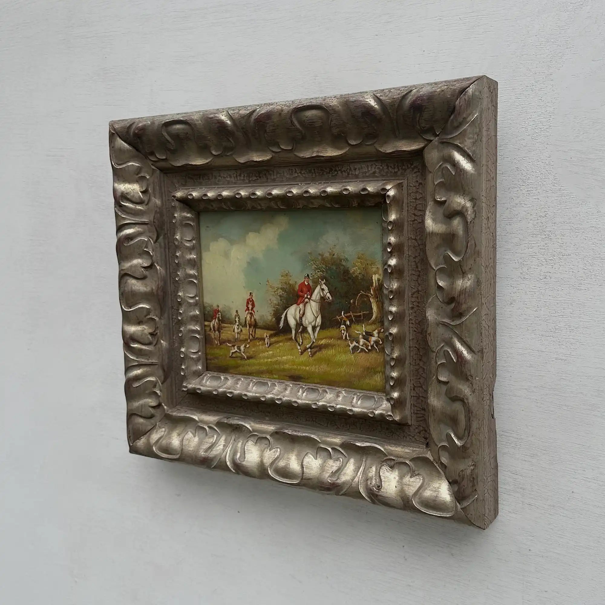 Old World Hunting Oil Painting, Rustic Framed Countryside Wall Art 44.5x39.5cm - Vintage Oil Painting - Arden Gallery