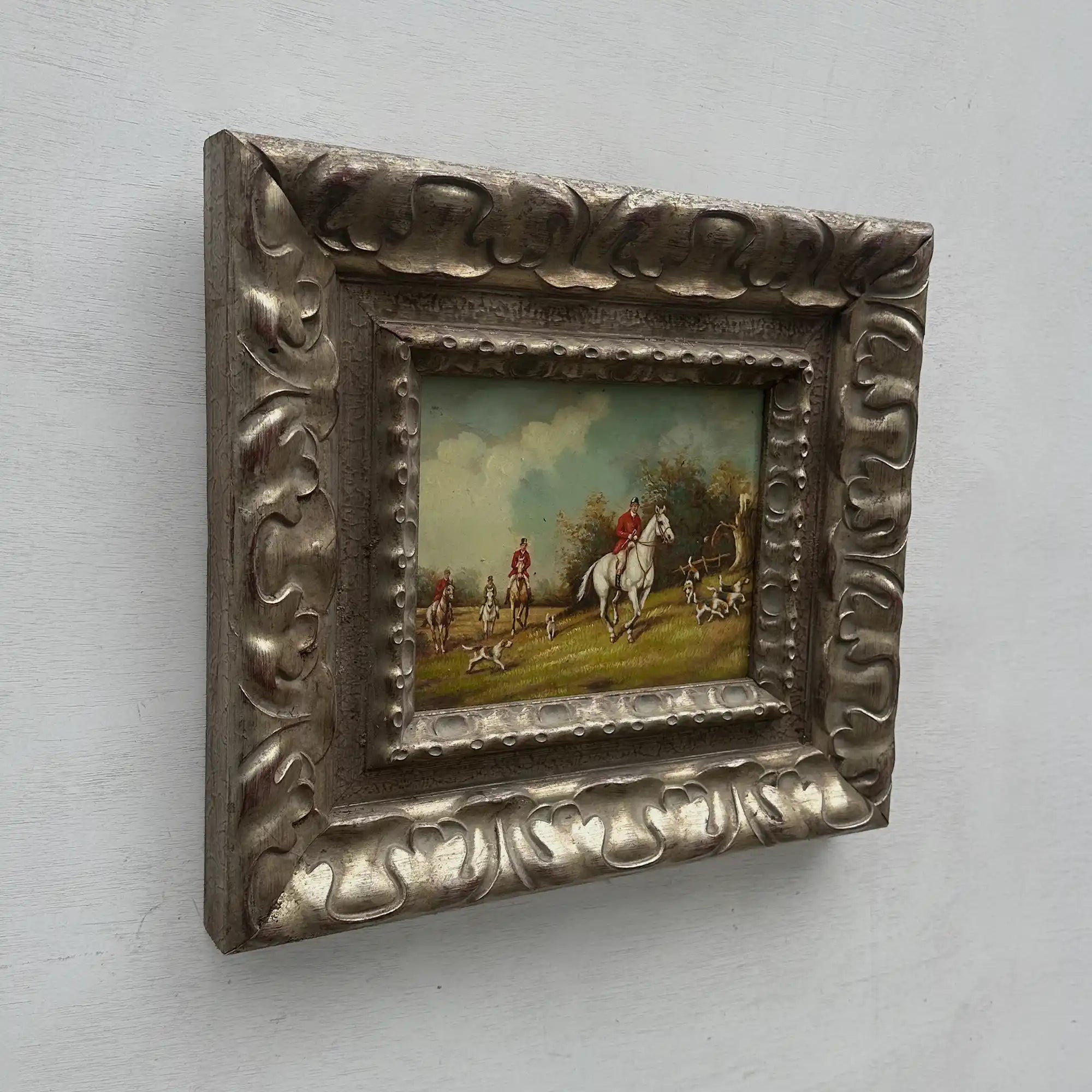 Old World Hunting Oil Painting, Rustic Framed Countryside Wall Art 44.5x39.5cm - Vintage Oil Painting - Arden Gallery
