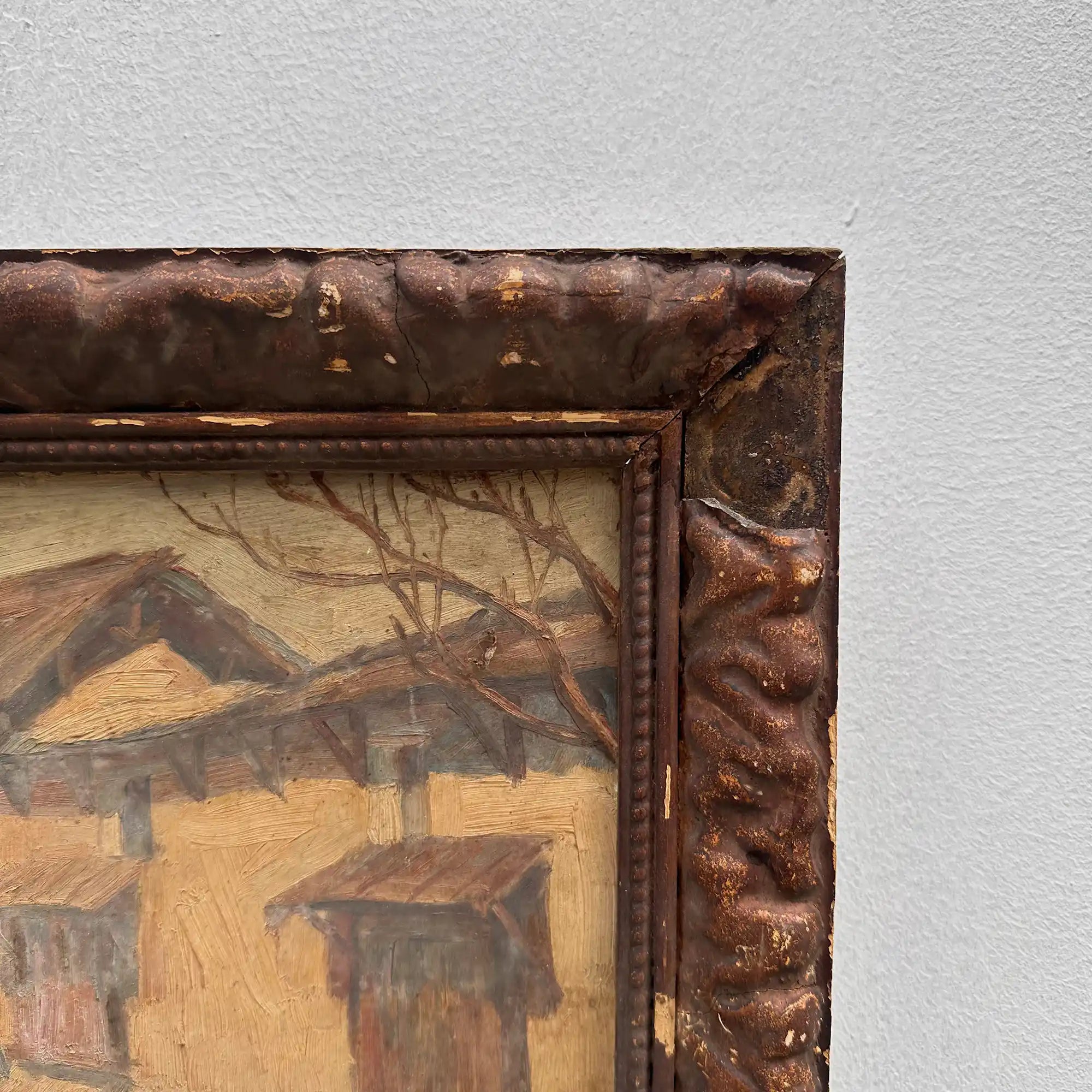 Original Antique European Village Street Landscape Oil Painting with Vintage Solid Wood Frame - Vintage Oil Painting - Arden Gallery