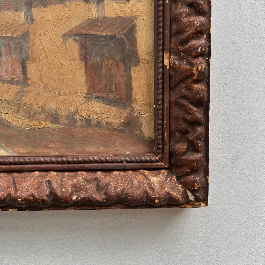 Original Antique European Village Street Landscape Oil Painting with Vintage Solid Wood Frame - Vintage Oil Painting - Arden Gallery