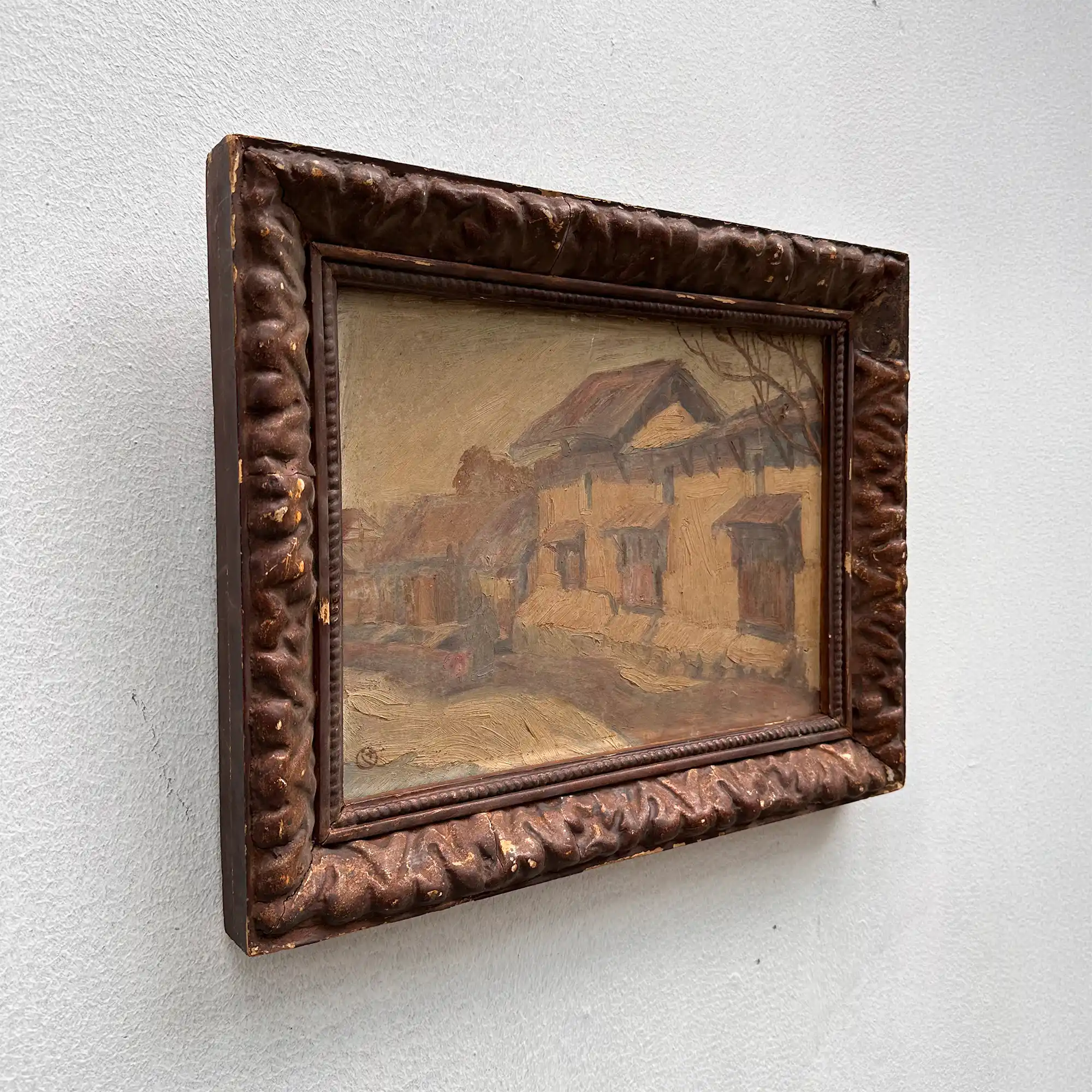 Original Antique European Village Street Landscape Oil Painting with Vintage Solid Wood Frame - Vintage Oil Painting - Arden Gallery