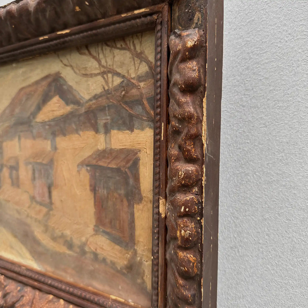 Original Antique European Village Street Landscape Oil Painting with Vintage Solid Wood Frame - Vintage Oil Painting - Arden Gallery
