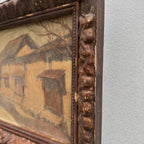 Original Antique European Village Street Landscape Oil Painting with Vintage Solid Wood Frame - Vintage Oil Painting - Arden Gallery