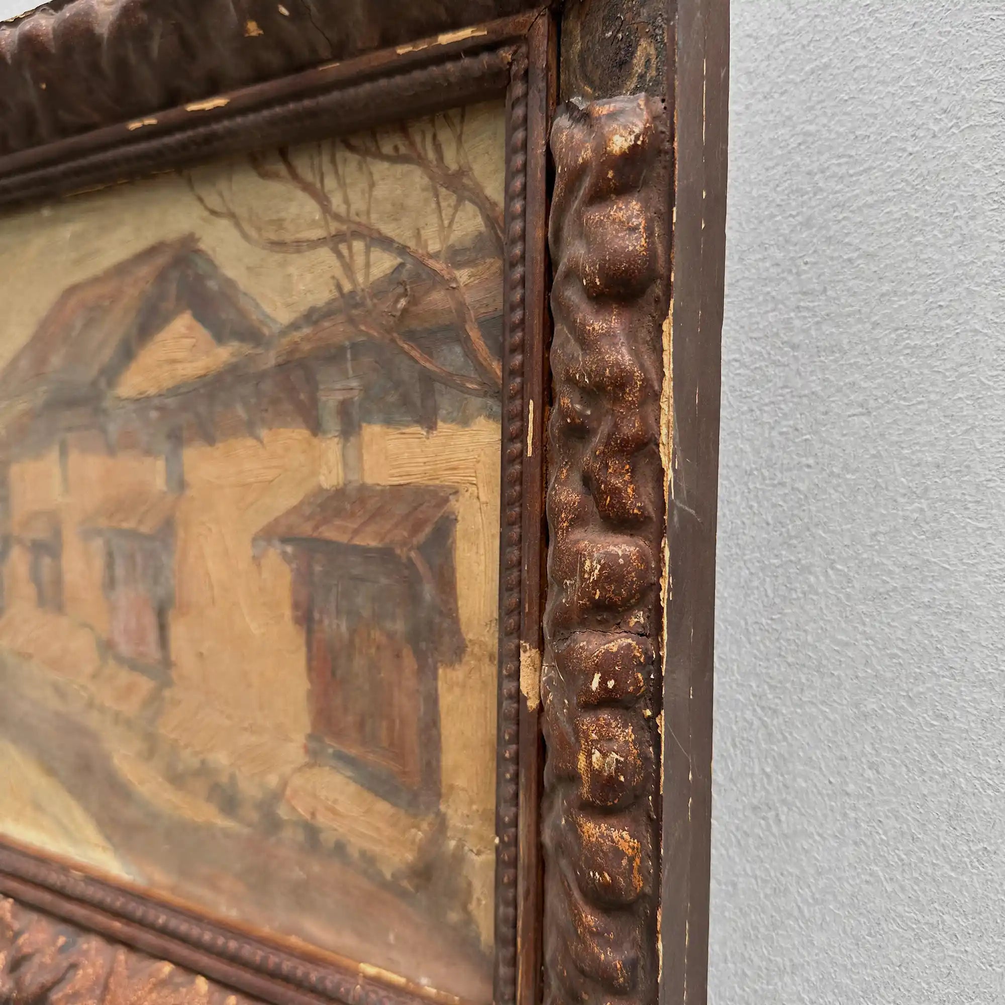 Original Antique European Village Street Landscape Oil Painting with Vintage Solid Wood Frame - Vintage Oil Painting - Arden Gallery