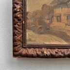 Original Antique European Village Street Landscape Oil Painting with Vintage Solid Wood Frame - Vintage Oil Painting - Arden Gallery
