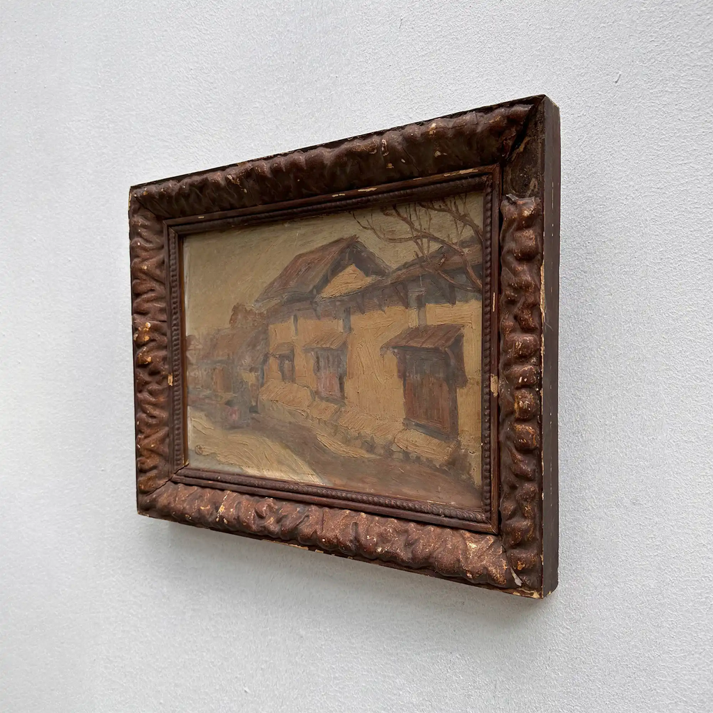 Original Antique European Village Street Landscape Oil Painting with Vintage Solid Wood Frame - Vintage Oil Painting - Arden Gallery