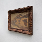 Original Antique European Village Street Landscape Oil Painting with Vintage Solid Wood Frame - Vintage Oil Painting - Arden Gallery