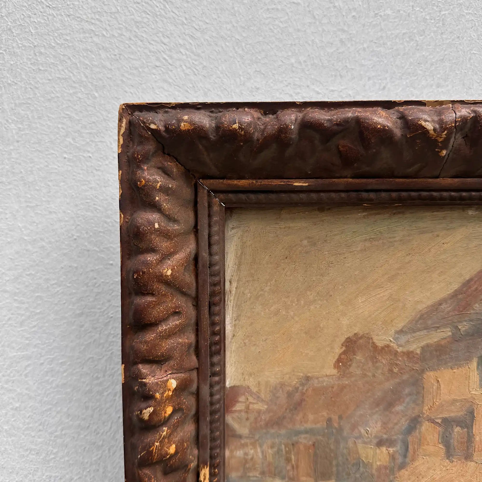 Original Antique European Village Street Landscape Oil Painting with Vintage Solid Wood Frame - Vintage Oil Painting - Arden Gallery