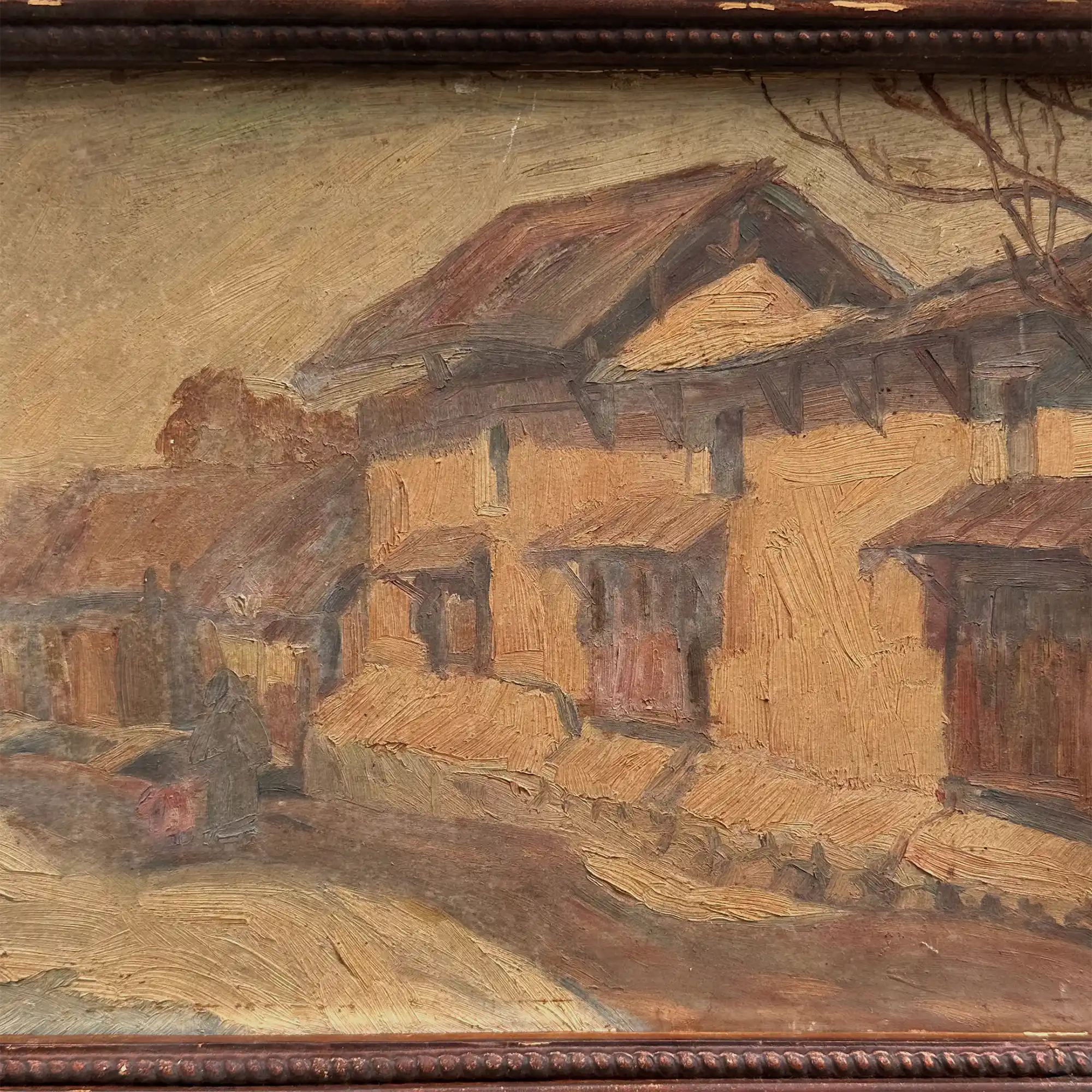 Original Antique European Village Street Landscape Oil Painting with Vintage Solid Wood Frame - Vintage Oil Painting - Arden Gallery