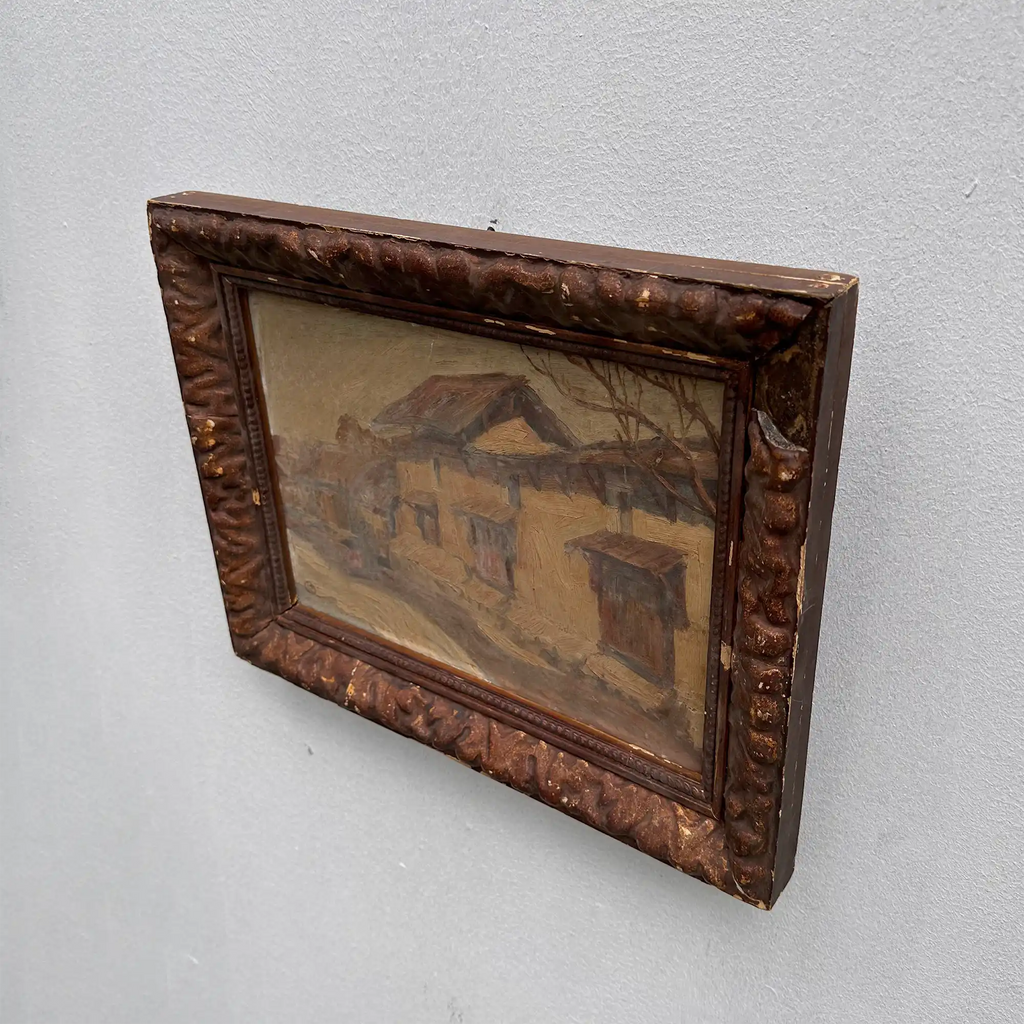 Original Antique European Village Street Landscape Oil Painting with Vintage Solid Wood Frame - Vintage Oil Painting - Arden Gallery