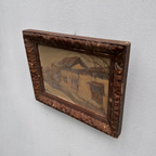 Original Antique European Village Street Landscape Oil Painting with Vintage Solid Wood Frame - Vintage Oil Painting - Arden Gallery