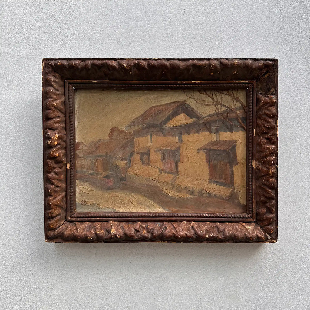 Original Antique European Village Street Landscape Oil Painting with Vintage Solid Wood Frame - Vintage Oil Painting - Arden Gallery