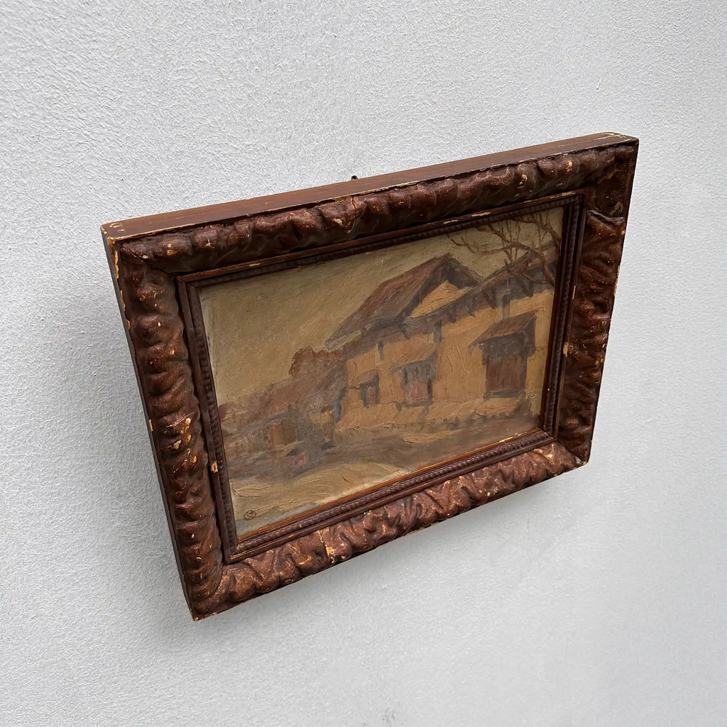 Original Antique European Village Street Landscape Oil Painting with Vintage Solid Wood Frame - Vintage Oil Painting - Arden Gallery