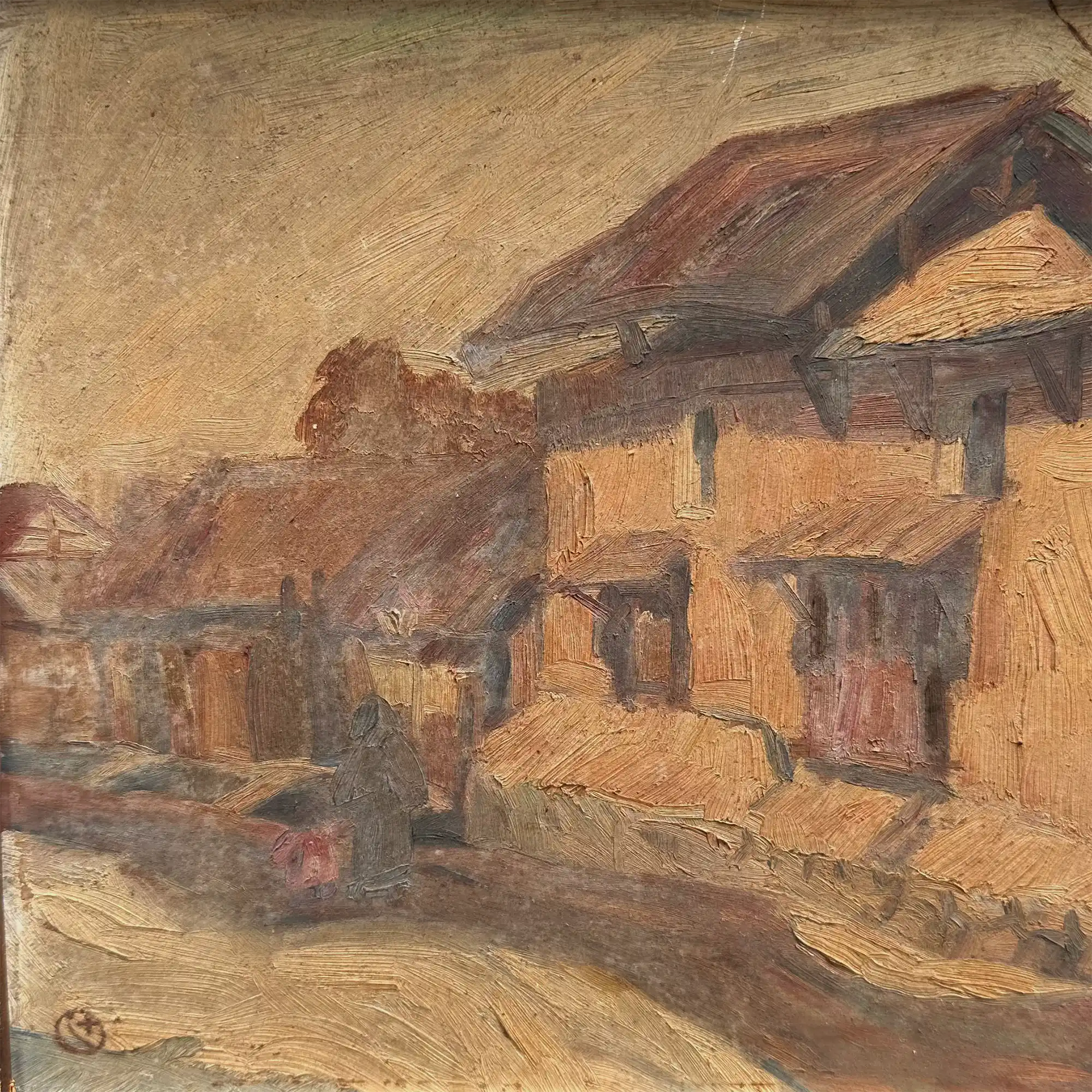 Original Antique European Village Street Landscape Oil Painting with Vintage Solid Wood Frame - Vintage Oil Painting - Arden Gallery