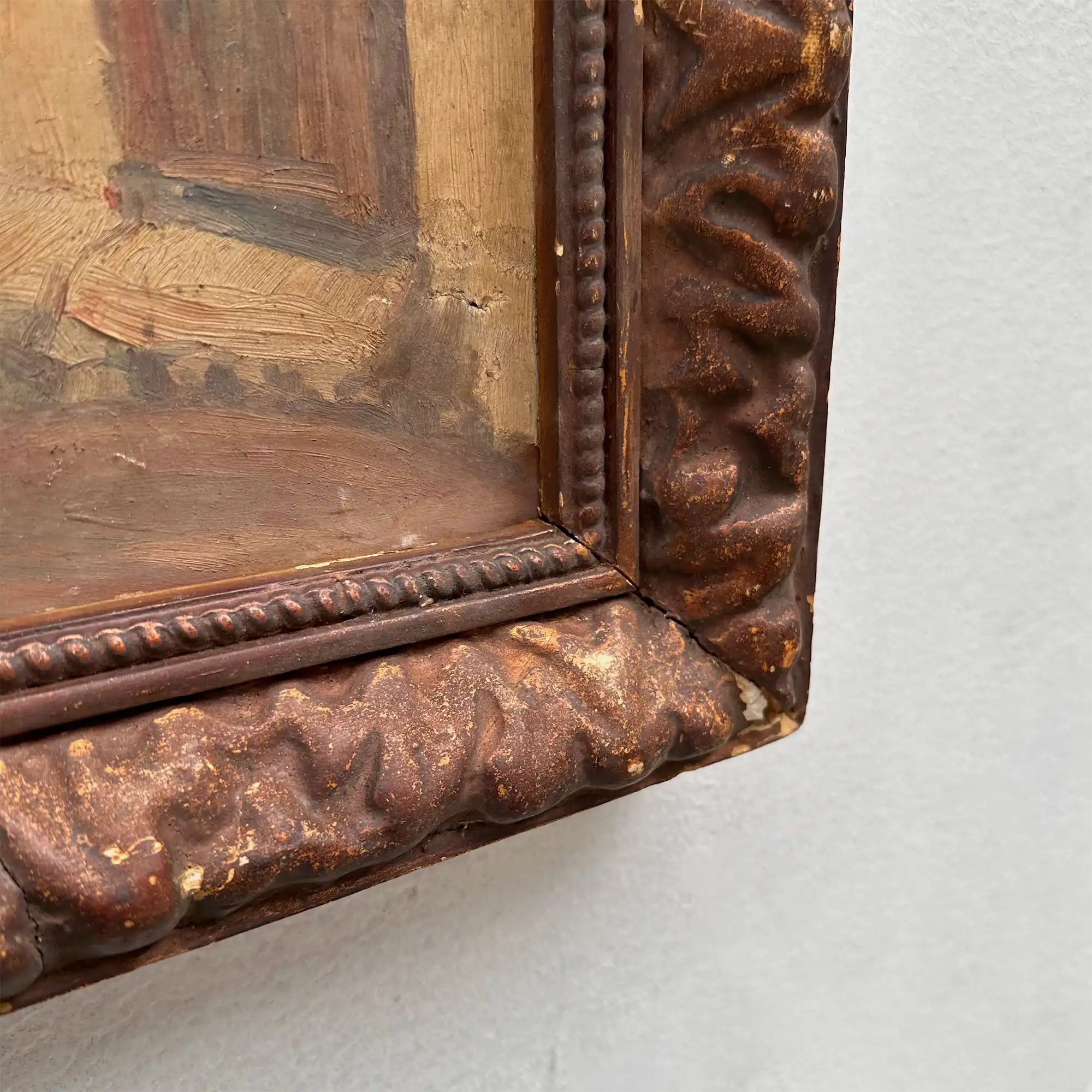 Original Antique European Village Street Landscape Oil Painting with Vintage Solid Wood Frame - Vintage Oil Painting - Arden Gallery