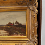 Original Barbizon Style Moody Landscape Hand-Painted Oil Painting in Burgundy Velvet Shadow Box with Scalloped Gold Frame - Vintage Oil Painting - Arden Gallery