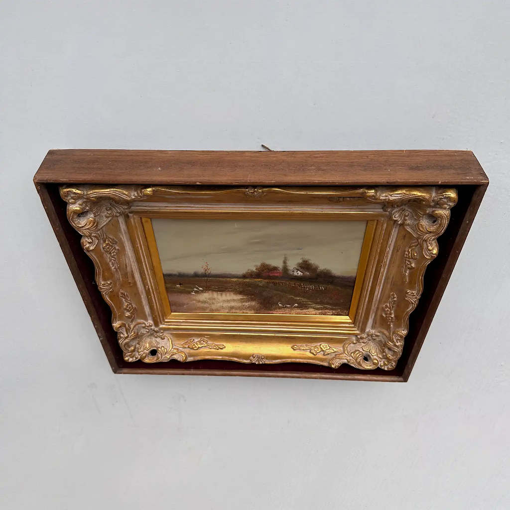 Original Barbizon Style Moody Landscape Hand-Painted Oil Painting in Burgundy Velvet Shadow Box with Scalloped Gold Frame - Vintage Oil Painting - Arden Gallery