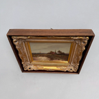 Original Barbizon Style Moody Landscape Hand-Painted Oil Painting in Burgundy Velvet Shadow Box with Scalloped Gold Frame - Vintage Oil Painting - Arden Gallery