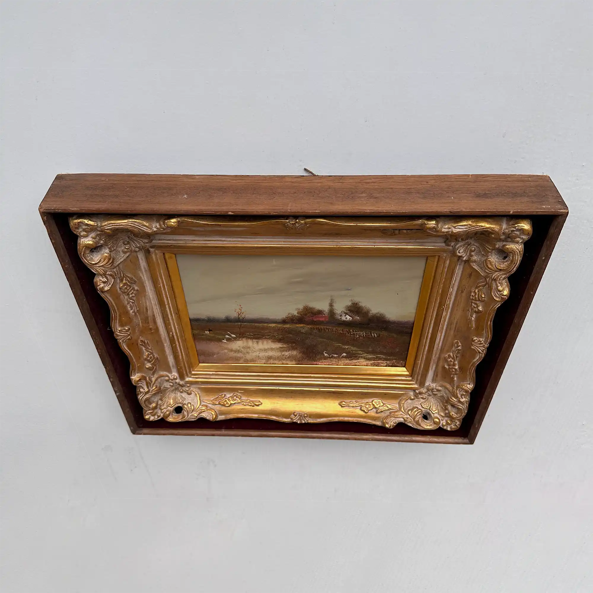 Original Barbizon Style Moody Landscape Hand-Painted Oil Painting in Burgundy Velvet Shadow Box with Scalloped Gold Frame - Vintage Oil Painting - Arden Gallery