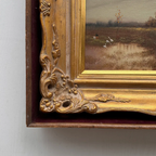 Original Barbizon Style Moody Landscape Hand-Painted Oil Painting in Burgundy Velvet Shadow Box with Scalloped Gold Frame - Vintage Oil Painting - Arden Gallery