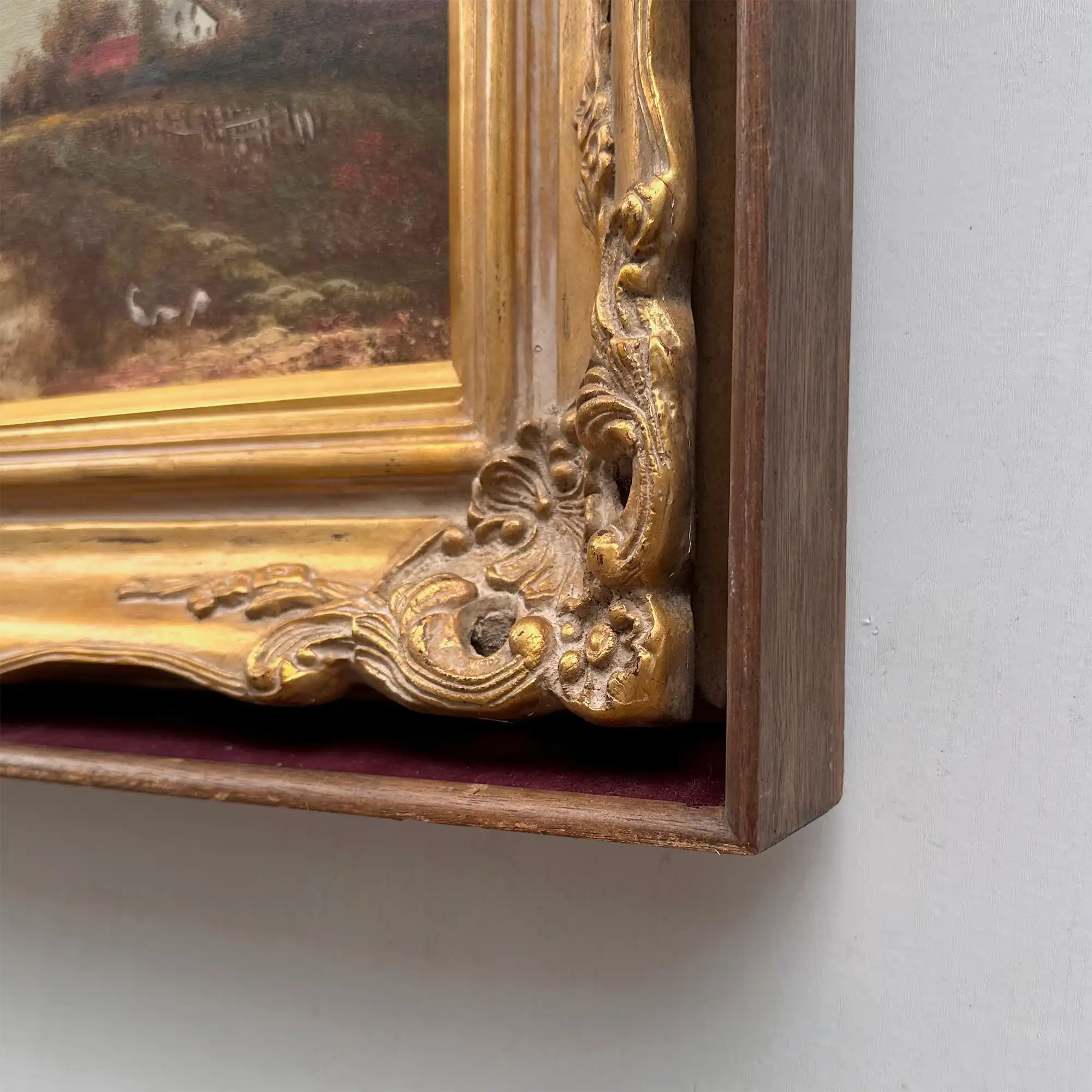 Original Barbizon Style Moody Landscape Hand-Painted Oil Painting in Burgundy Velvet Shadow Box with Scalloped Gold Frame - Vintage Oil Painting - Arden Gallery