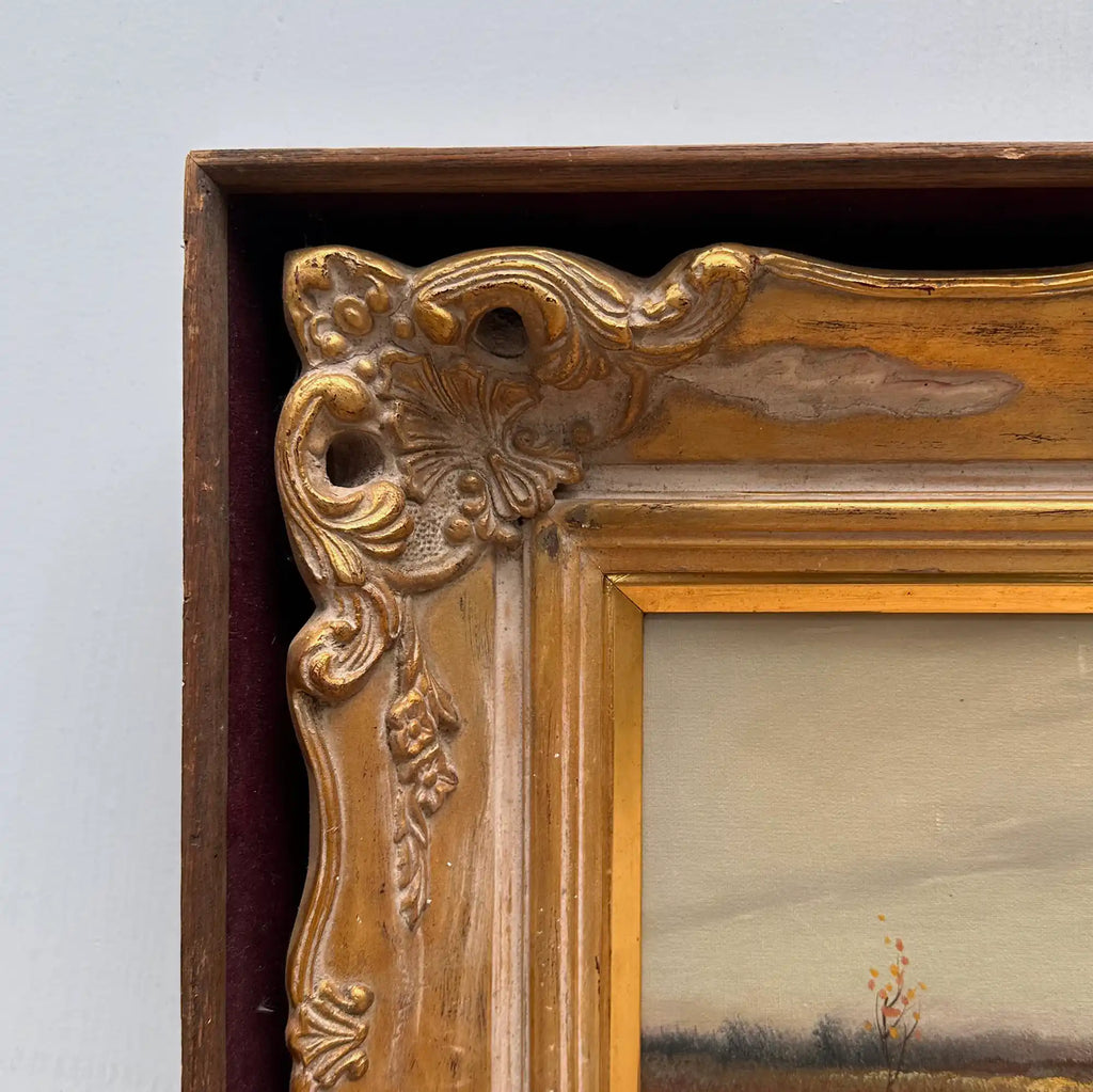 Original Barbizon Style Moody Landscape Hand-Painted Oil Painting in Burgundy Velvet Shadow Box with Scalloped Gold Frame - Vintage Oil Painting - Arden Gallery