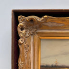 Original Barbizon Style Moody Landscape Hand-Painted Oil Painting in Burgundy Velvet Shadow Box with Scalloped Gold Frame - Vintage Oil Painting - Arden Gallery