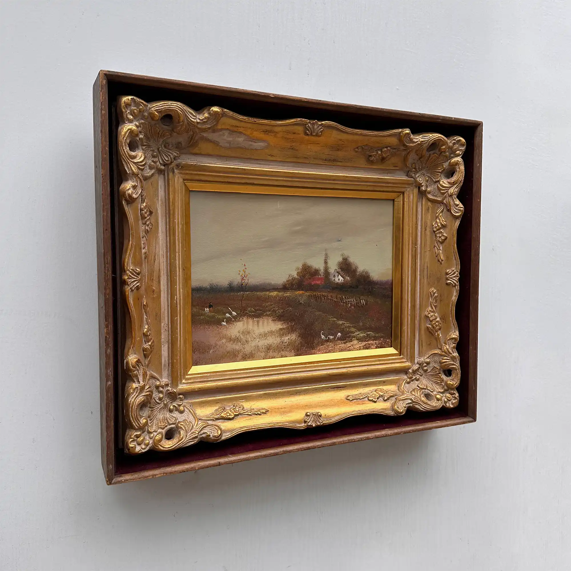 Original Barbizon Style Moody Landscape Hand-Painted Oil Painting in Burgundy Velvet Shadow Box with Scalloped Gold Frame - Vintage Oil Painting - Arden Gallery