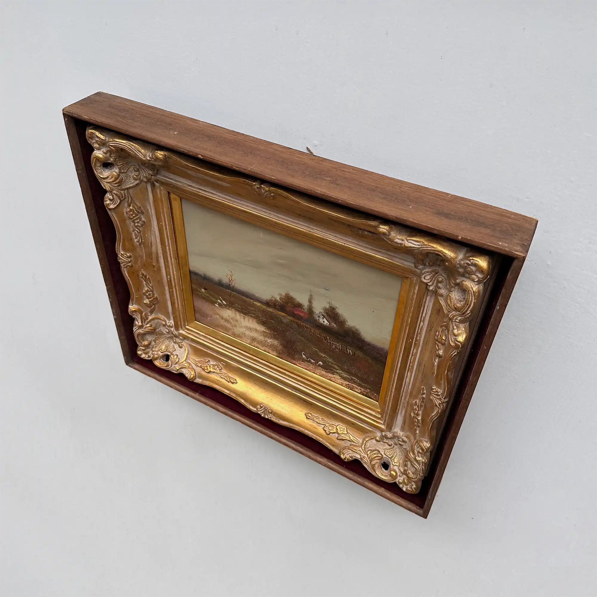Original Barbizon Style Moody Landscape Hand-Painted Oil Painting in Burgundy Velvet Shadow Box with Scalloped Gold Frame - Vintage Oil Painting - Arden Gallery