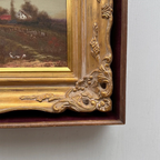 Original Barbizon Style Moody Landscape Hand-Painted Oil Painting in Burgundy Velvet Shadow Box with Scalloped Gold Frame - Vintage Oil Painting - Arden Gallery