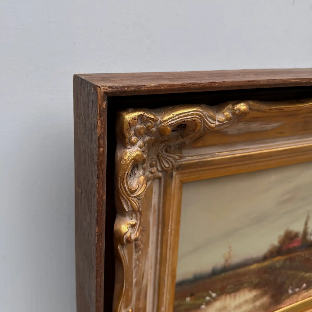 Original Barbizon Style Moody Landscape Hand-Painted Oil Painting in Burgundy Velvet Shadow Box with Scalloped Gold Frame - Vintage Oil Painting - Arden Gallery