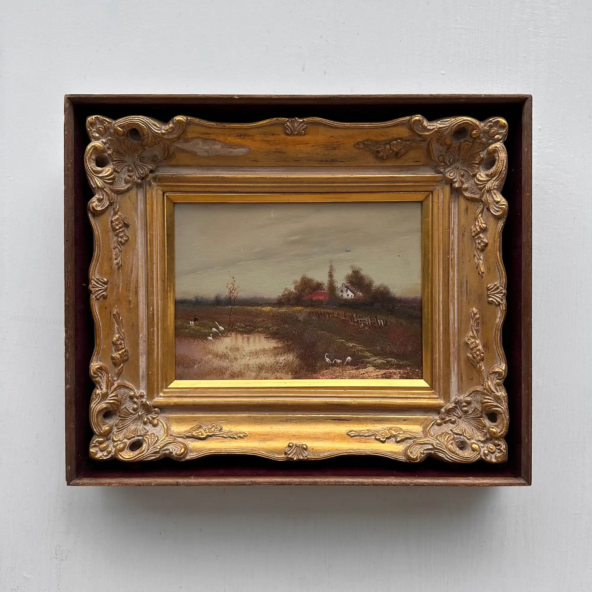 Original Barbizon Style Moody Landscape Hand-Painted Oil Painting in Burgundy Velvet Shadow Box with Scalloped Gold Frame - Vintage Oil Painting - Arden Gallery