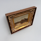 Original Barbizon Style Moody Landscape Hand-Painted Oil Painting in Burgundy Velvet Shadow Box with Scalloped Gold Frame - Vintage Oil Painting - Arden Gallery