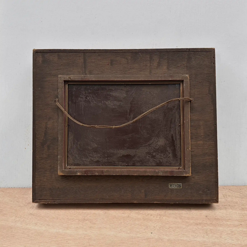 Original Barbizon Style Moody Landscape Hand-Painted Oil Painting in Burgundy Velvet Shadow Box with Scalloped Gold Frame - Vintage Oil Painting - Arden Gallery