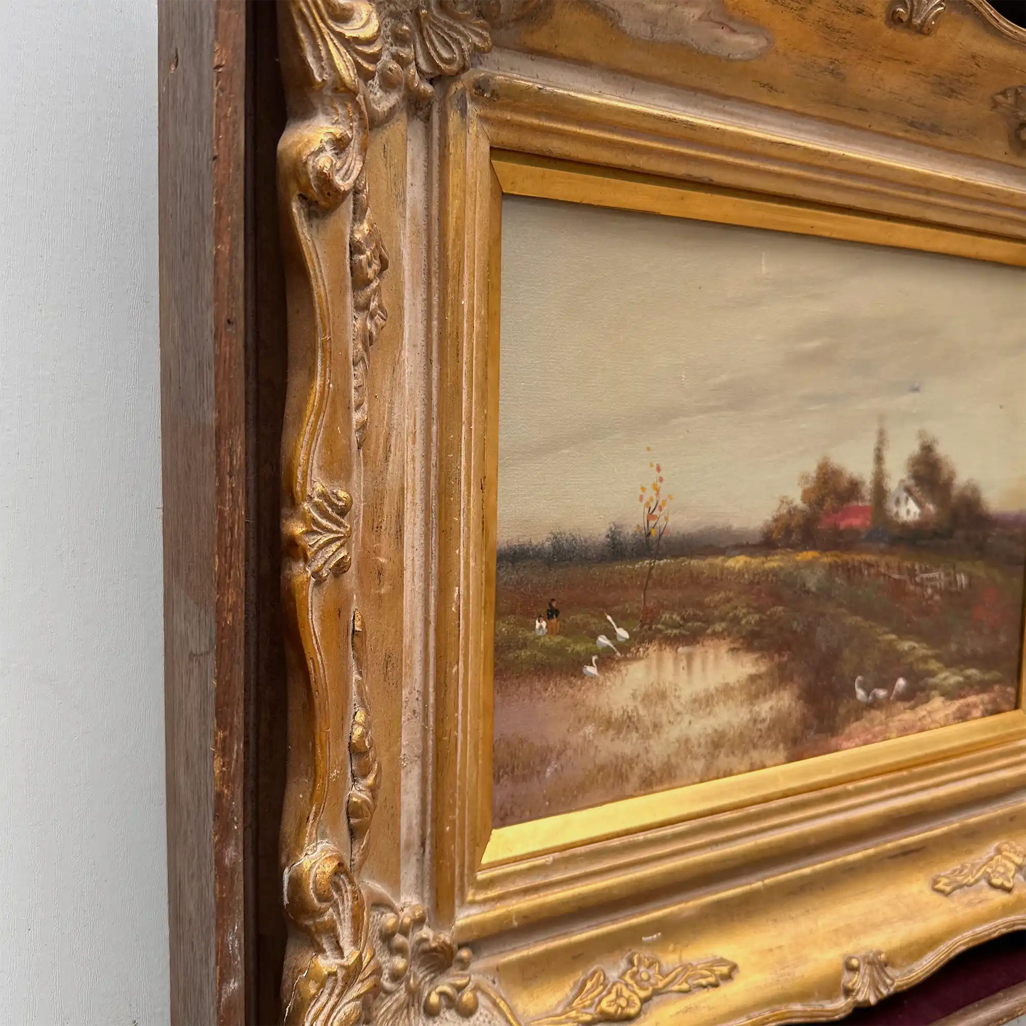 Original Barbizon Style Moody Landscape Hand-Painted Oil Painting in Burgundy Velvet Shadow Box with Scalloped Gold Frame - Vintage Oil Painting - Arden Gallery
