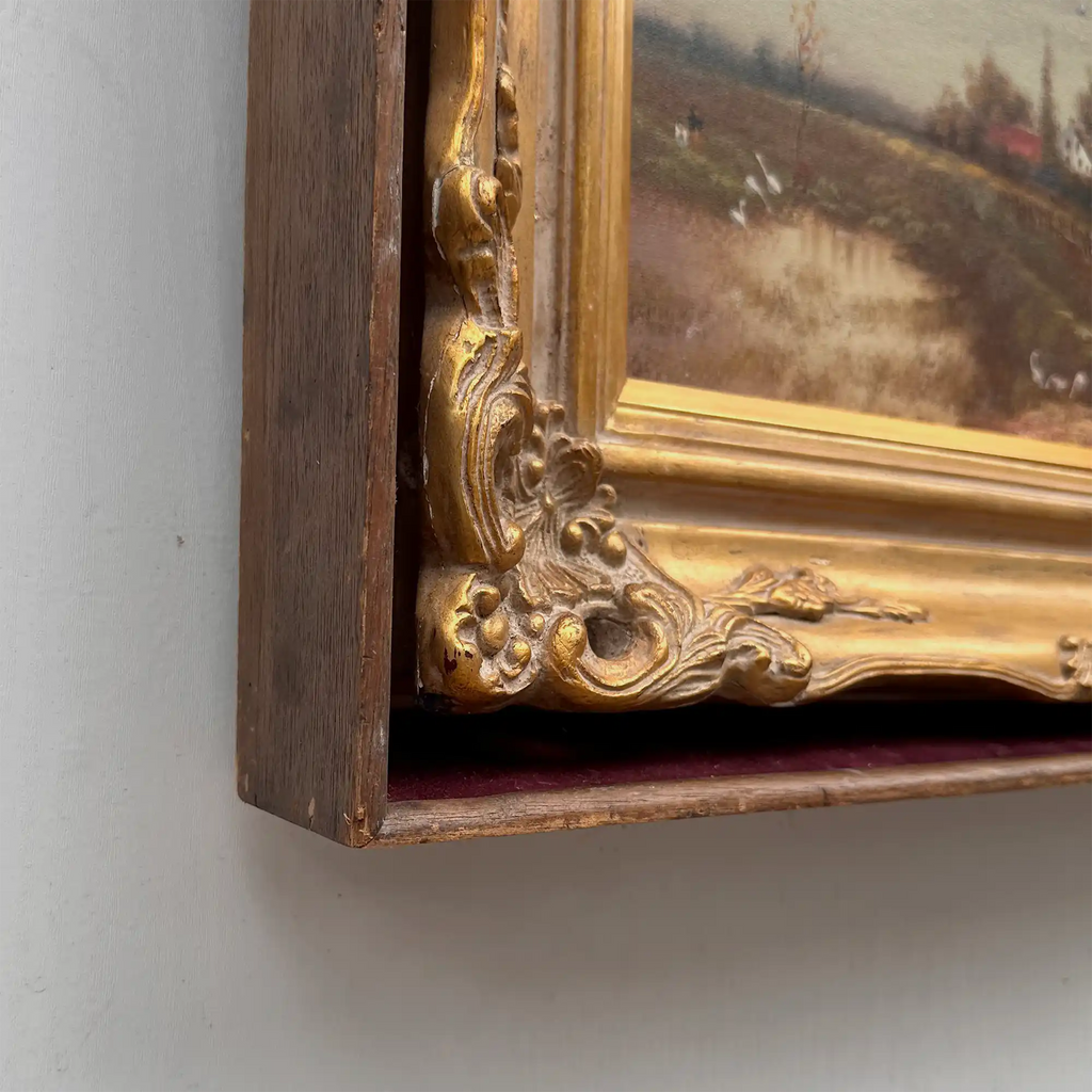 Original Barbizon Style Moody Landscape Hand-Painted Oil Painting in Burgundy Velvet Shadow Box with Scalloped Gold Frame - Vintage Oil Painting - Arden Gallery