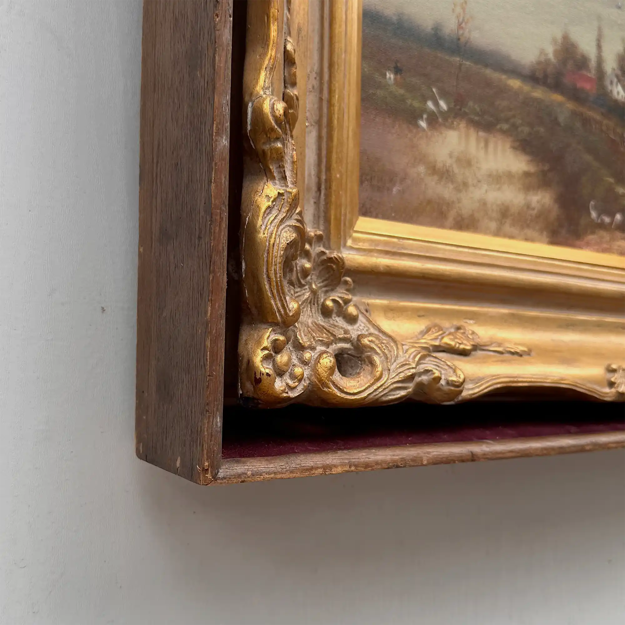 Original Barbizon Style Moody Landscape Hand-Painted Oil Painting in Burgundy Velvet Shadow Box with Scalloped Gold Frame - Vintage Oil Painting - Arden Gallery