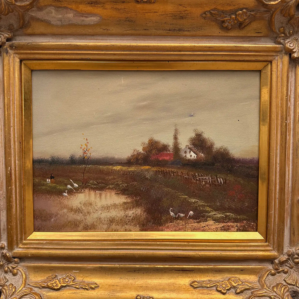 Original Barbizon Style Moody Landscape Hand-Painted Oil Painting in Burgundy Velvet Shadow Box with Scalloped Gold Frame - Vintage Oil Painting - Arden Gallery