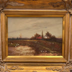 Original Barbizon Style Moody Landscape Hand-Painted Oil Painting in Burgundy Velvet Shadow Box with Scalloped Gold Frame - Vintage Oil Painting - Arden Gallery