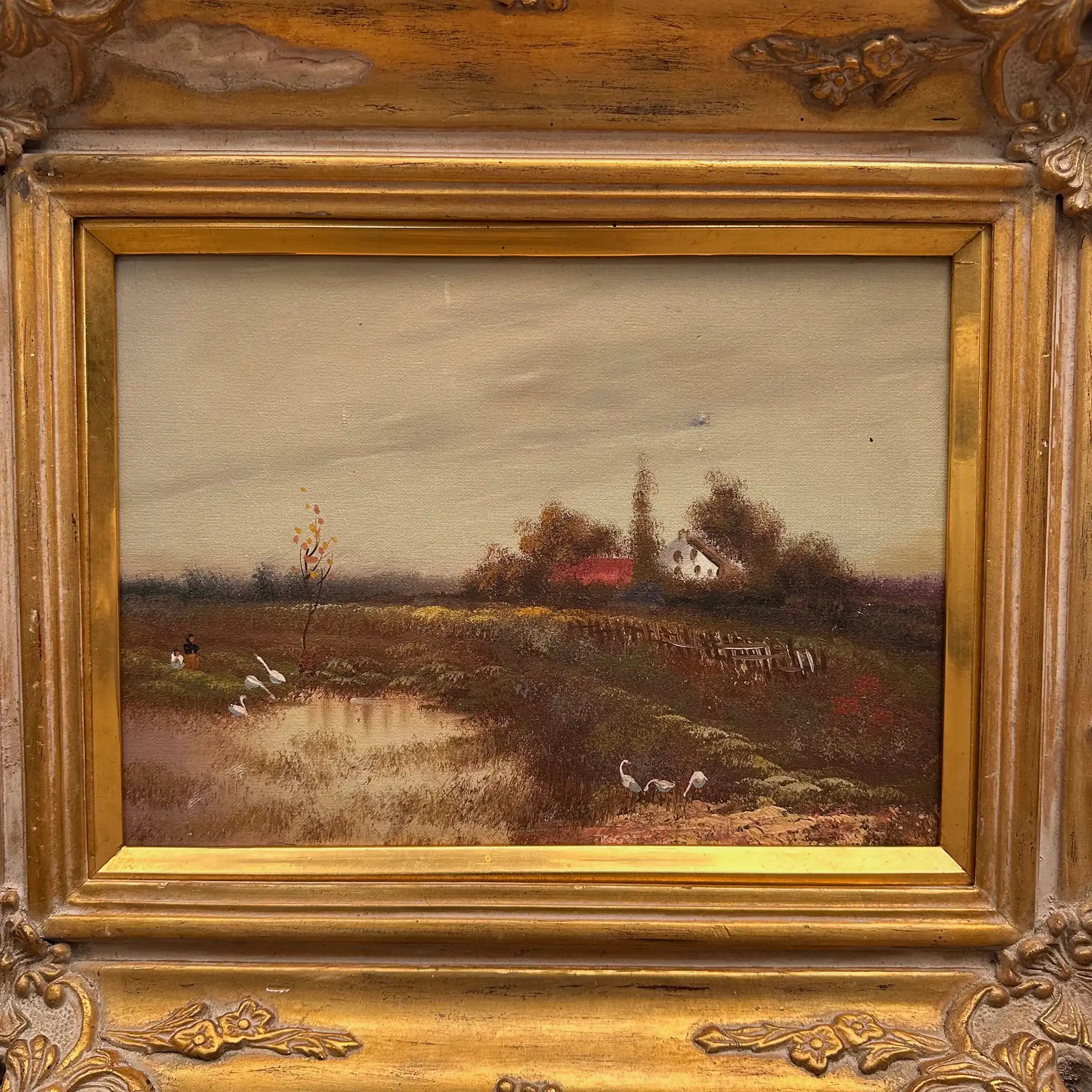 Original Barbizon Style Moody Landscape Hand-Painted Oil Painting in Burgundy Velvet Shadow Box with Scalloped Gold Frame - Vintage Oil Painting - Arden Gallery