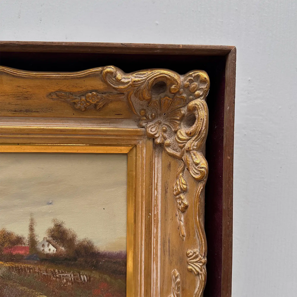 Original Barbizon Style Moody Landscape Hand-Painted Oil Painting in Burgundy Velvet Shadow Box with Scalloped Gold Frame - Vintage Oil Painting - Arden Gallery